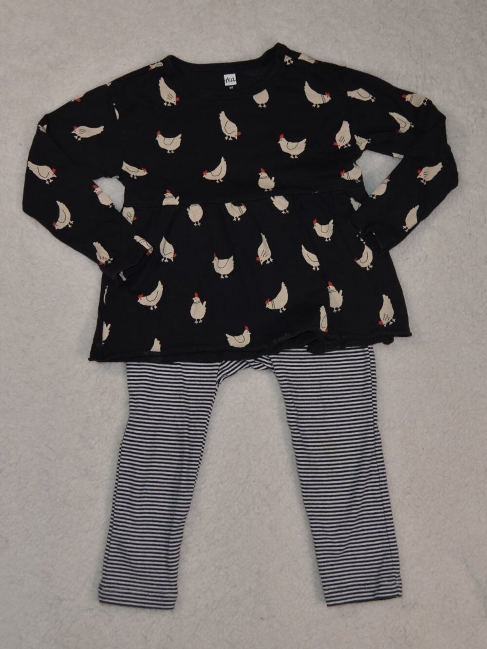 Tea Collection Chicken peplum top and black and white striped pants set 3T EUC